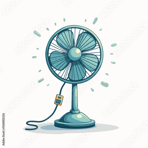 Electric fan illustration with blades and cable on white backdrop. This electric fan provides cool airflow on a hot summer day, featuring detailed parts.