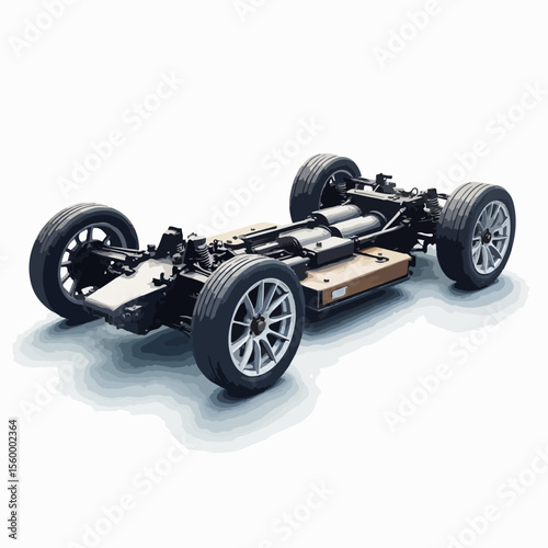 Electric car chassis design with detailed components showcased in studio. Modern electric car chassis includes wheels, suspension, and battery pack, offering glimpse into innovative technology.