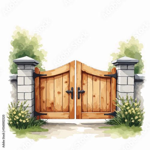 Double wooden gate with stone pillars and foliage, watercolor style. This sturdy double wooden gate stands between textured stone pillars, accented by verdant foliage, creating an inviting entry.