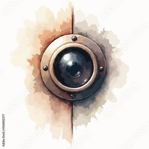 Door peephole shows entry point on wood panel for security. Door peephole allows view for visitor on entrance door. Home peephole as home safety and door design for use as a vector.
