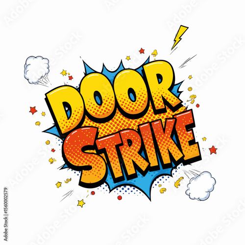 Door strike comic explosion displays impact with a halftone effect. Door strike design includes dynamic cloud bursts and lightning bolts for visual impact.