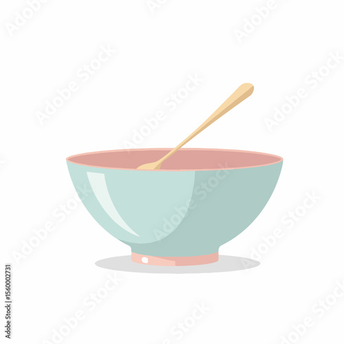 Dessert bowl filled with custard and spoon on white background, sweet snack, dessert bowl design. Dessert bowl looks inviting, suggesting a tasty treat.