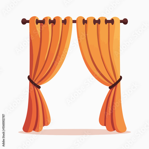 Orange curtains hanging on rod, a soft window treatment for interior decor. Curtains with dark tiebacks adds style, softening light, and enhancing home's atmosphere.