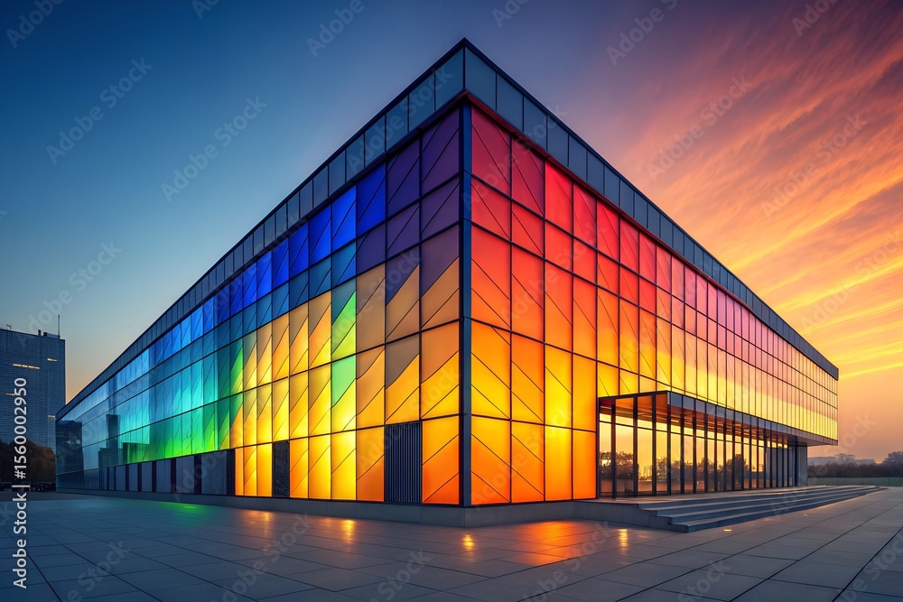 Obraz premium sunset over the city, colorful glass building, digital illustration of a futuristic building