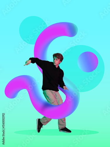 Male hip-hop dancer interacts with vibrant 3D gradient shapes against a colorful background. Concept of futuristic digital interaction and creative design, rhythm-based engagement in youth culture