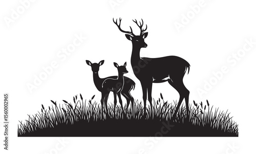 Deer Family Silhouette in Grass, Black and White Wildlife Illustration with Antlered Buck and Fawns