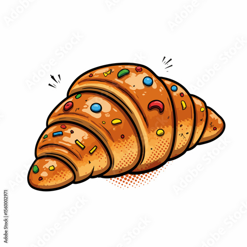 Croissant with filling shown in detailed illustration, pastry is sweet and adorned with colorful sprinkles. Croissant with filling is beautifully presented,