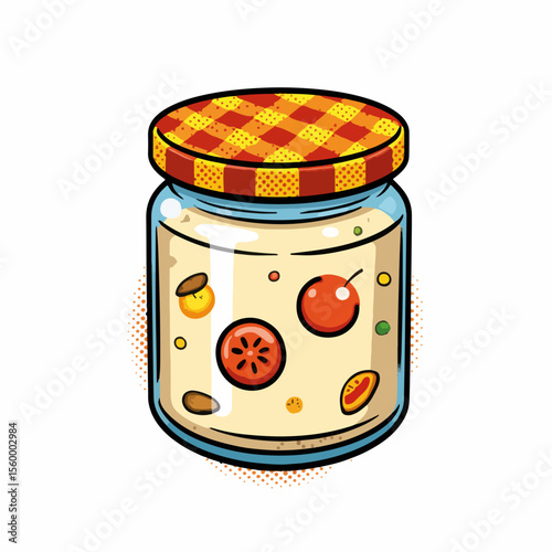 Cream jar filled with fruit slices under checkered lid. Cream jar includes colorful fruit slices, creating decorative food presentation.