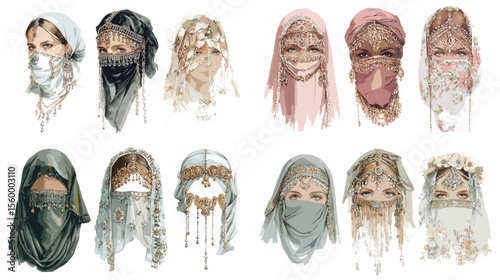 Beautiful illustration set of women in traditional veils and ornate headpieces, highlighting cultural beauty, elegance, and mysterious fashion across traditions.

