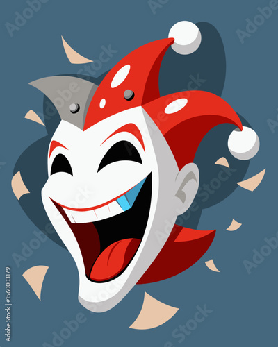 A mask of a laughing jester but as it chips away the ic and cruel nature of the entertainer is unmasked.. Vector illustration