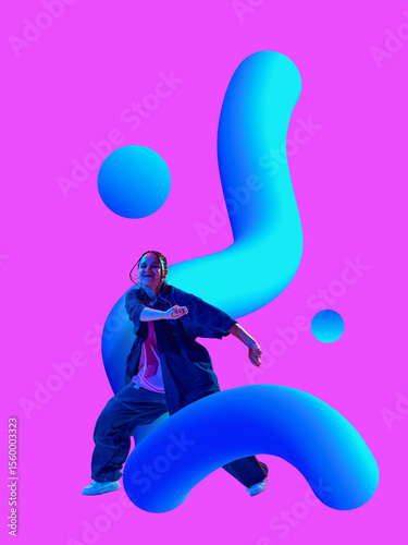 A dancer strikes a dynamic pose surrounded by blue 3D gradient shapes against a vivid pink background. Concept of artistic expression and creativity in dance. Inclusive expression through movement