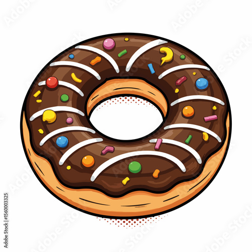 Chocolate striped donut with colorful sprinkles. Indulge in this delightful chocolate striped donut, a sweet treat with a rich chocolate glaze and playful multicolored sprinkles.