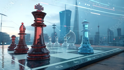 chess pieces on a chessboard, Digital illustration with a futuristic aesthetic chessboad