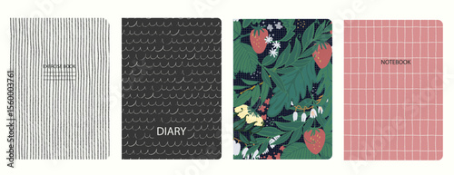 Set of cover page templates with hand drawn flowers, branches, leaves. Based on seamless patterns. Backgrounds for notebooks, notepads, diaries. Headers isolated and replaceable