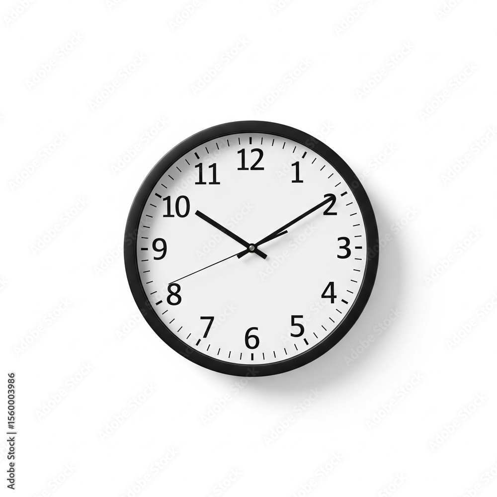 Minimalist black and white wall clock with clear numerical and dash markers. Perfect for concepts of time, efficiency, or modern decor. Minimalist black and white wall clock with clear numerical and dash markers. Perfect for concepts of time, efficiency, or modern decor.