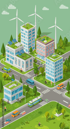 This vector image showcases a green, sustainable urban city.