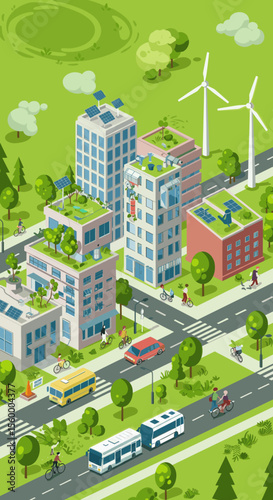 This vector image showcases a green, sustainable urban city.