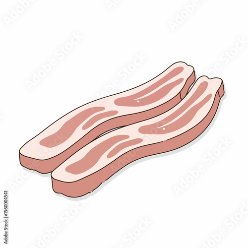 Two strips of bacon on white represents delicious breakfast food. Fresh strips of bacon are fatty meat, cured for a smoky, savory flavor. 