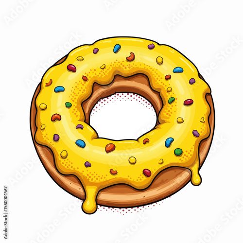 Yellow donut with dripping lemon icing shows a delicious treat. A yellow donut is adorned with poppy seeds. This yellow donut is perfect for a bakery poster or a dessert menu in graphic format,