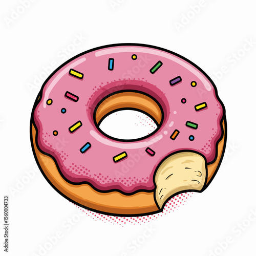 Bitten pink glazed donut with sprinkles, a sweet treat. This bitten pink glazed donut showcases colorful sprinkles and delightful details, making it a delectable temptation.