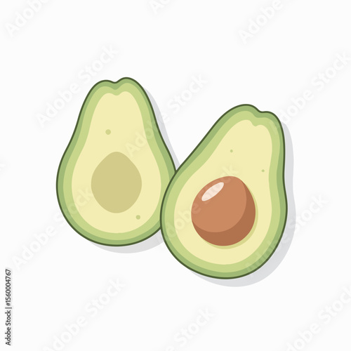 Avocado fruit illustration with sliced avocado showing its pit. Fresh avocado halves in simple, flat style offer versatile application.