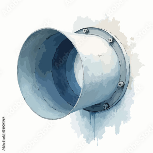 Industrial air duct damper detail. Closeup view of ventilation system component, metal pipe with damper, showing construction and design.