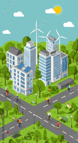This vector image showcases a green, sustainable urban city.