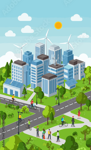 This vector image showcases a green, sustainable urban city.