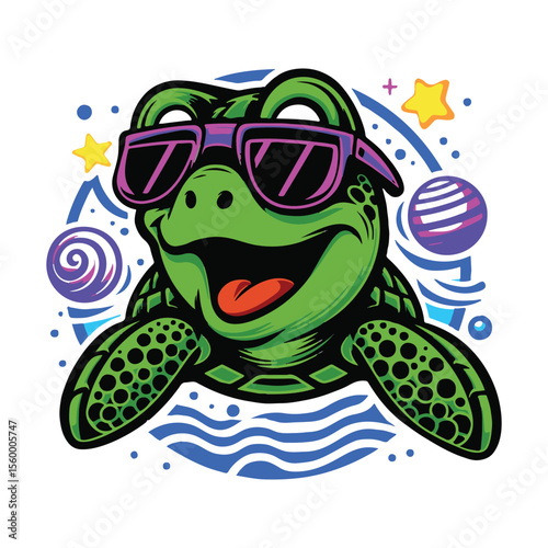 Funny turtle with shades floating among stars and planets, colorful vector art.