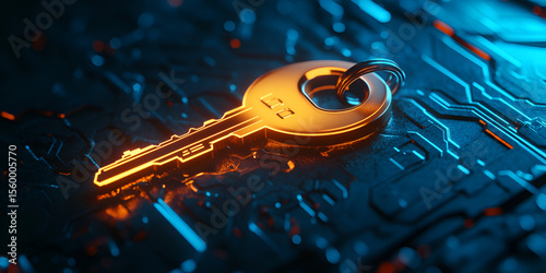 Golden key on circuit board, Digital key over circuit, 3D rendered key on electronic surface

