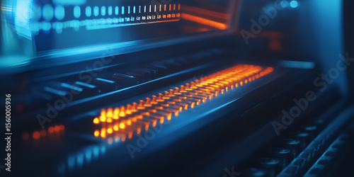 Close-up of server lights in data center, Data center technology with glowing server lights, Digital server rack with orange and blue lights

