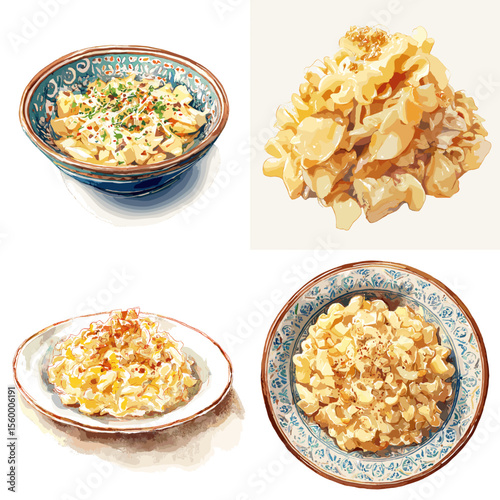 Set of creamy pasta dishes illustrated with cheese, herbs, and various toppings in ceramic bowls—perfect for Italian food visuals and comfort meal design.

