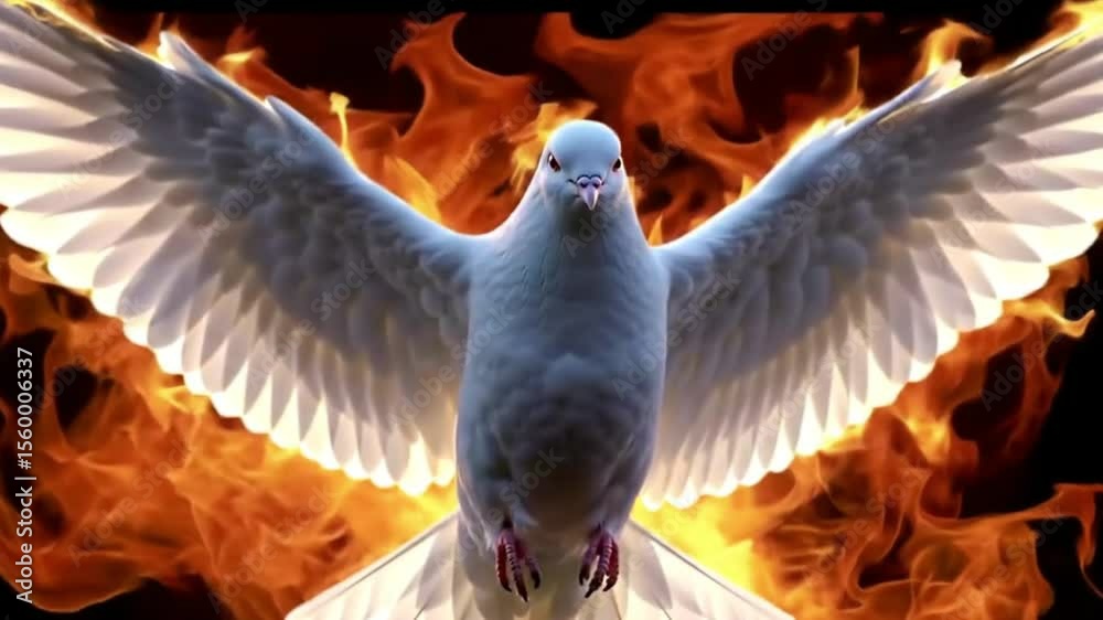 Holy Spirit dove flying with open wings in the middle of fire flames ...