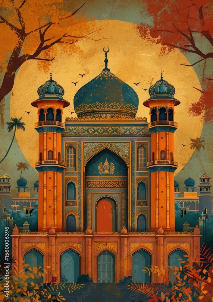 Obraz premium Indian traditional mughal pichwai art architecture building painting.