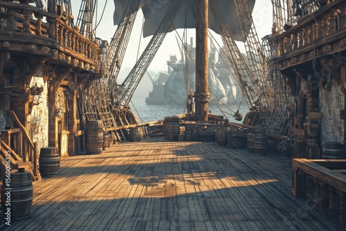 Outside of pirate old ship. daylight view of ship background. 3d illustration of deck of a pirate ship, Daylight view of a pirate ships deck in a 3D illustration, showcasing the ships exterior 