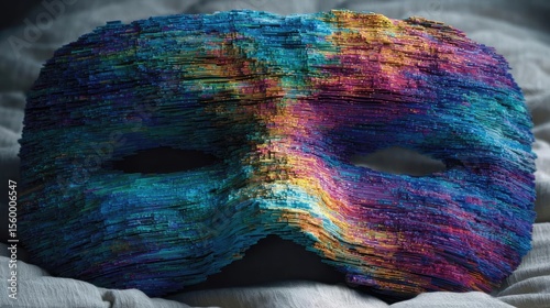 Disrupted sleep concept. Vibrant theatrical mask resting on soft fabric background.