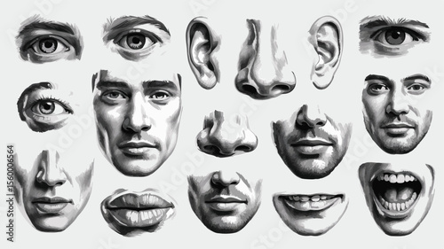 Black and White Drawing of Human Facial Features Eyes, Ears, Noses, Mouths, and Faces