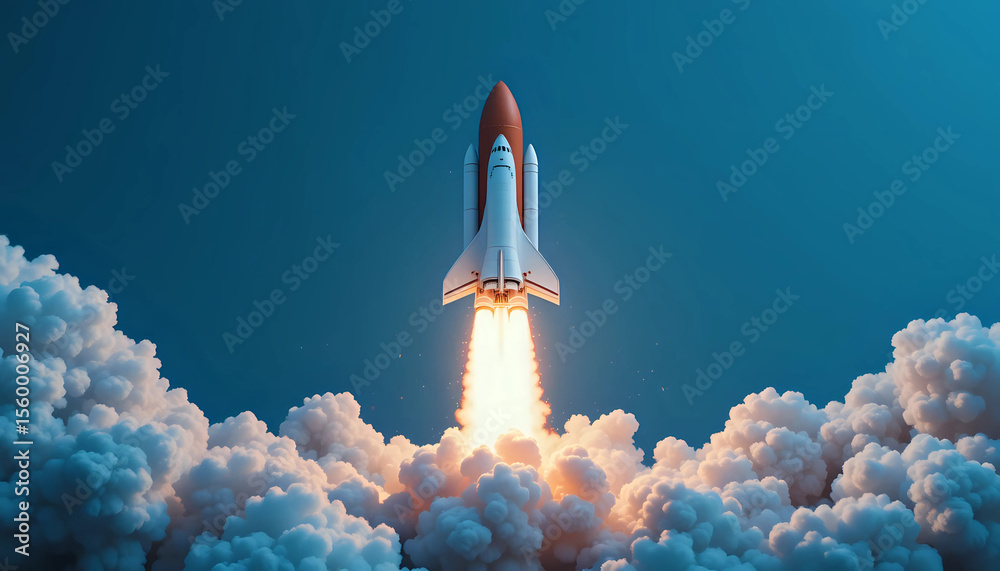 Fototapeta premium Creative shuttle rocket takes off successfully with blast and clouds of smoke on a blue background, concept. Spaceship launches, creative idea