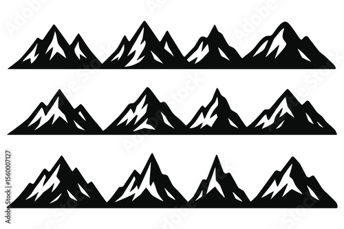 Collection of stylized black mountain peaks isolated on white background