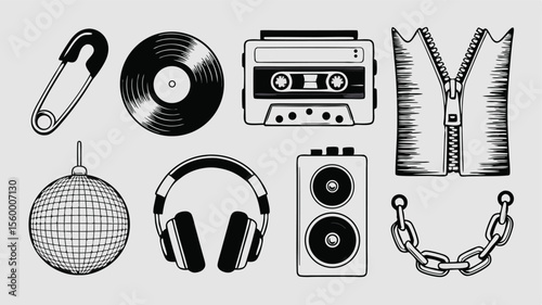 Retro Music and Fashion Icons Black and White Illustration of Vinyl, Headphones, Chain, and More