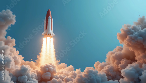 Fototapeta Naklejka Na Ścianę i Meble -  Creative shuttle rocket takes off successfully with blast and clouds of smoke on a blue background, concept. Spaceship launches, creative idea