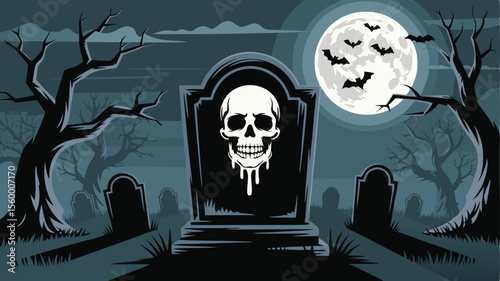 Spooky Halloween Skull on Tombstone, Bats Flying in Full Moon, Silhouette Trees