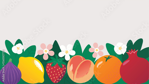 Stylized Fresh Fruits and Flowers Illustration Fig, Lemon, Strawberry, Peach, Orange and Pomegranate Displayed