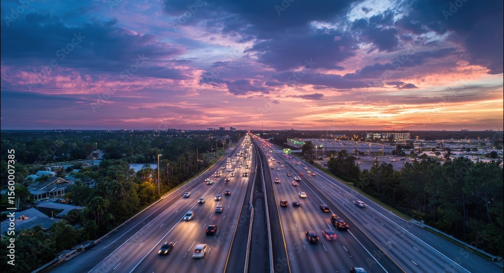 Fototapeta premium Florida Traffic. Aerial View of Orlando Highway at Sunset with Blue Skies