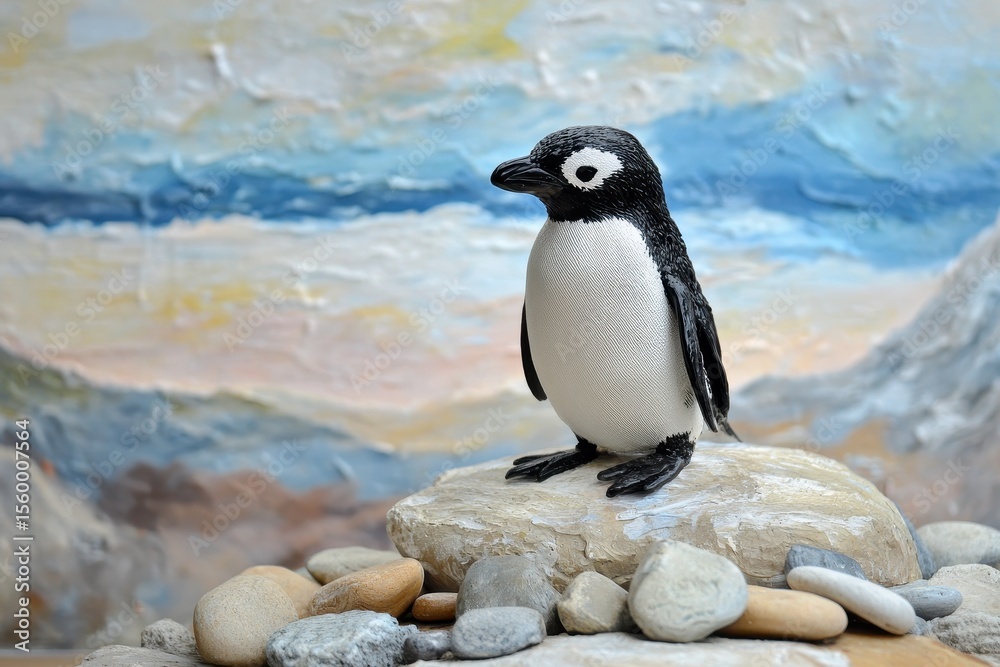 Naklejka premium Penguin on a rock, A penguin perched on a rock, showcasing its distinctive black and white plumage against a rugged backdrop