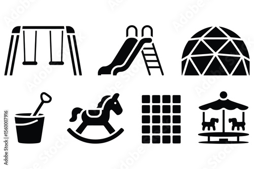 Collection of playground equipment icons including swings slide geodesic dome sandbox horse and carousel isolated on white background