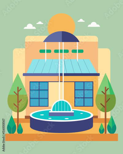 A shopping mall with a decorative solarpowered water fountain creating an ecofriendly and aesthetically pleasing atmosphere for shoppers.. Vector illustration