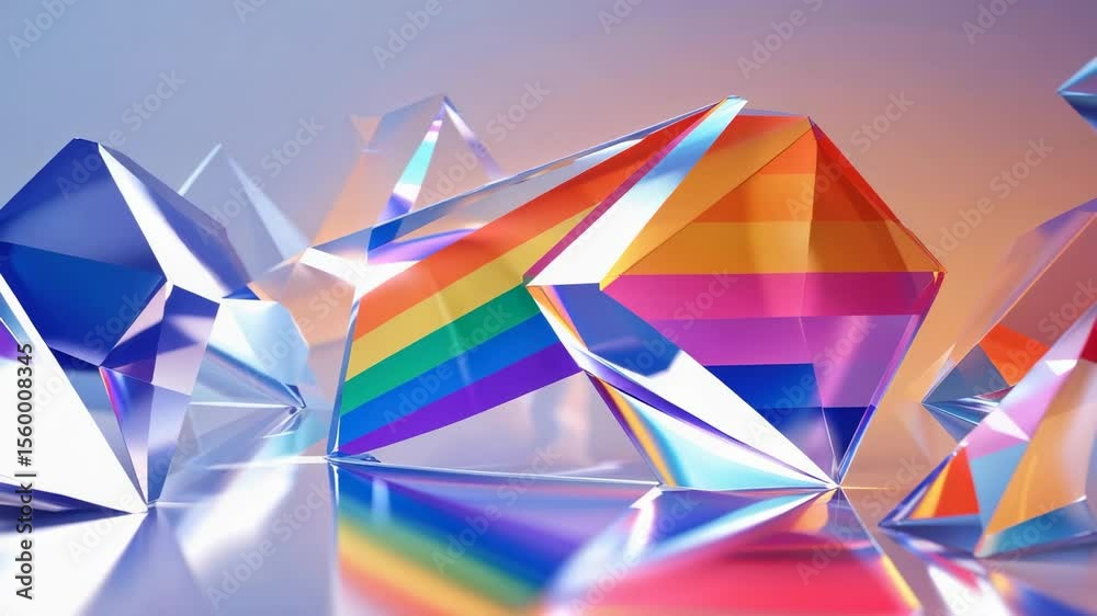 Shifting lighting, panning view revealing rainbow prism refractions on mirror base, pastel backdrop