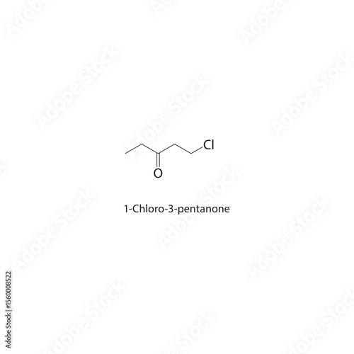 1-Chloro-3-pentanone skeletal structure. Halogenated ketone compound schematic illustration. Simple diagram, chemical formula.