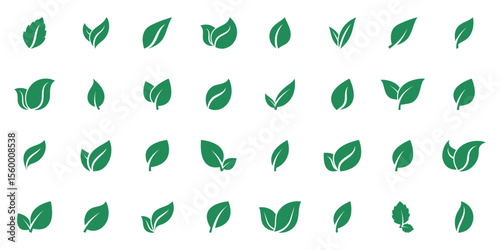 Green leaf symbols tailored for eco labels, green energy, or natural product packaging.